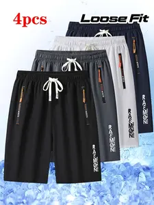 4-Pack — Men’s Ice Silk Capri Pants, Lightweight, Breathable, Stretchy for Summer, Casual Loose Fit, Ideal for Fitness and Running