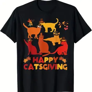 Cute Thanksgiving Cat Pilgrim Hat Graphic Cotton T-Shirt, Cute Holiday Fashion Outfit Ideal Gift For Family Friends