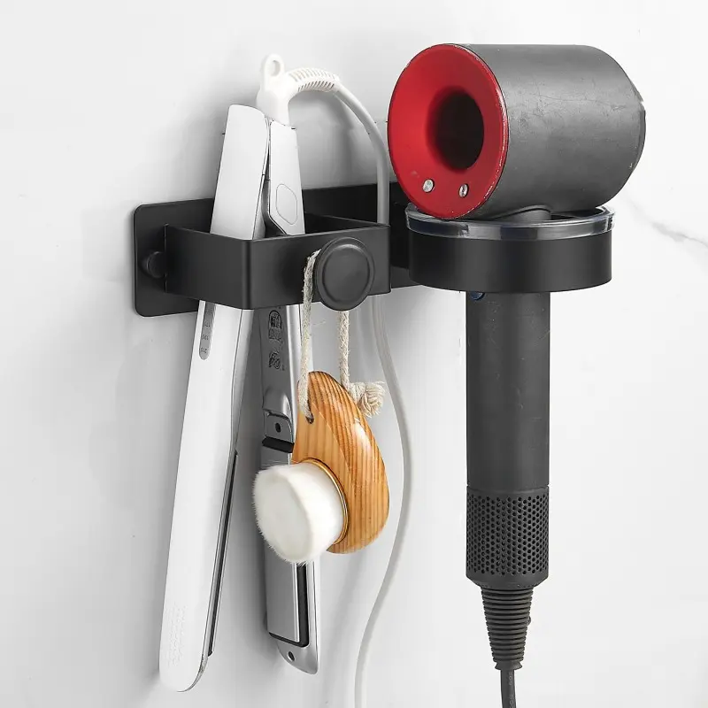 1PC Wall-mounted perforation-free bathroom Hair Dryer & Styling Tool Holder, Bathroom Accessories Organizer, Bathroom Gadgets, No-Drill Organizer Rack with Towel Hooks for Hair Dryer, Flat Iron