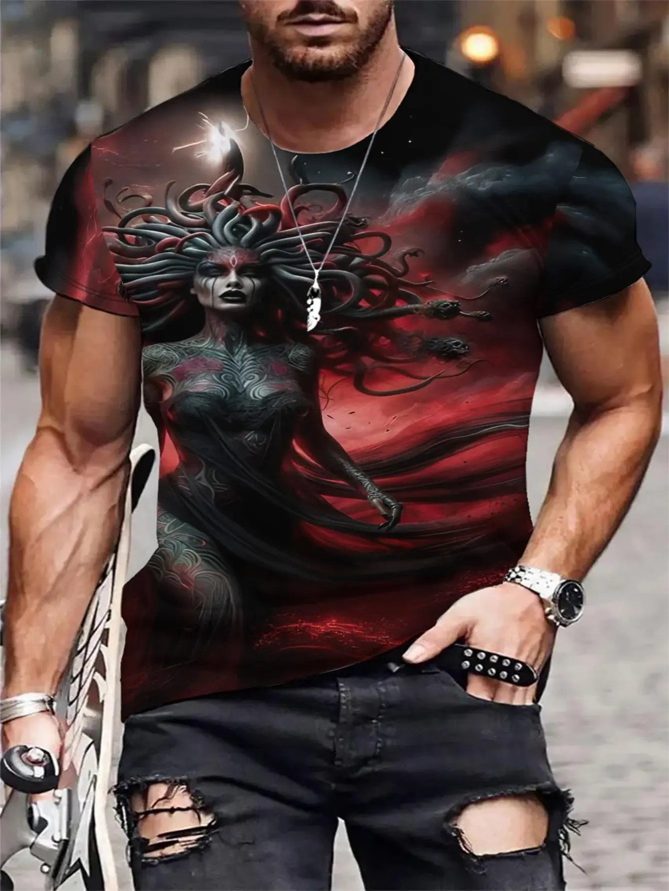Men'S Digital Print T-Shirt Featuring Medusa And Greek Patterns - a Red And Black Mythological Design, Casual Round Neck Short Sleeve Summer Top, Machine Washable And Unique, Plus Size