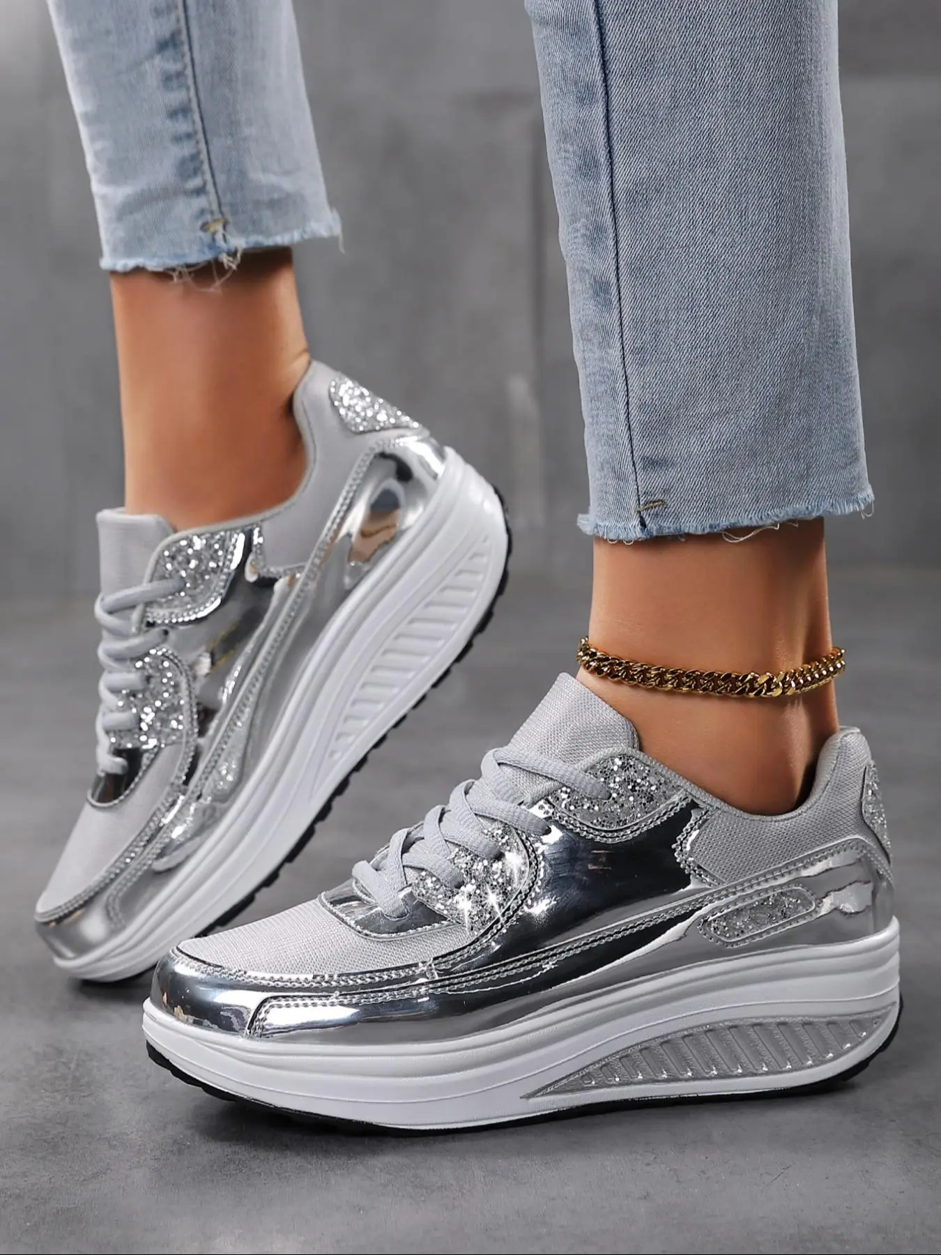 Women's Glitter Lace Up Contrast Mesh Walking Shoes, Casual Breathable Comfortable Sports Shoes, Female All-match Round Toe Shoes for Daily Wear