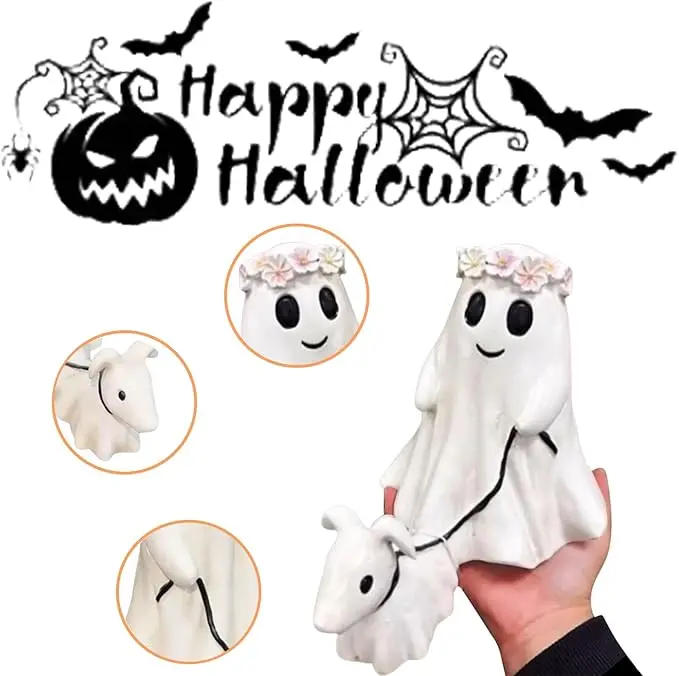 Cute Spooky Ghost Resin Statue Ghost Walking Dog Statue, Spooky Ghost Dog Halloween Figurine, Funny Halloween Ghost Dog Ornament, Ghost Walking His Ghost Dog, Cute Ghost Walking Dog Decor for Indoor Outdoor