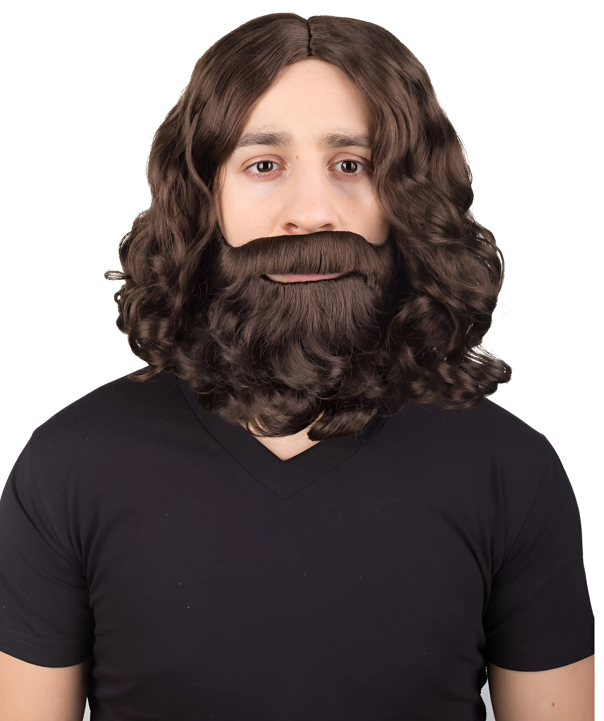 HPO Men's Dark Brown Wavy Shoulder Length Lumberjack Wig with Full Mustache and Beard - Breathable Capless Cap Synthetic Cosplay Wigs