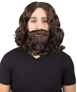 HPO Men's Dark Brown Wavy Shoulder Length Lumberjack Wig with Full Mustache and Beard - Breathable Capless Cap Synthetic Cosplay Wigs