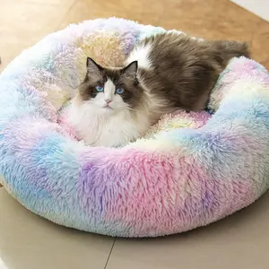 Anti-Anxiety Fluffy Plush Dog & Cat Bed – Rainbow (20") | Washable, Faux Fur, Orthopedic Comfort