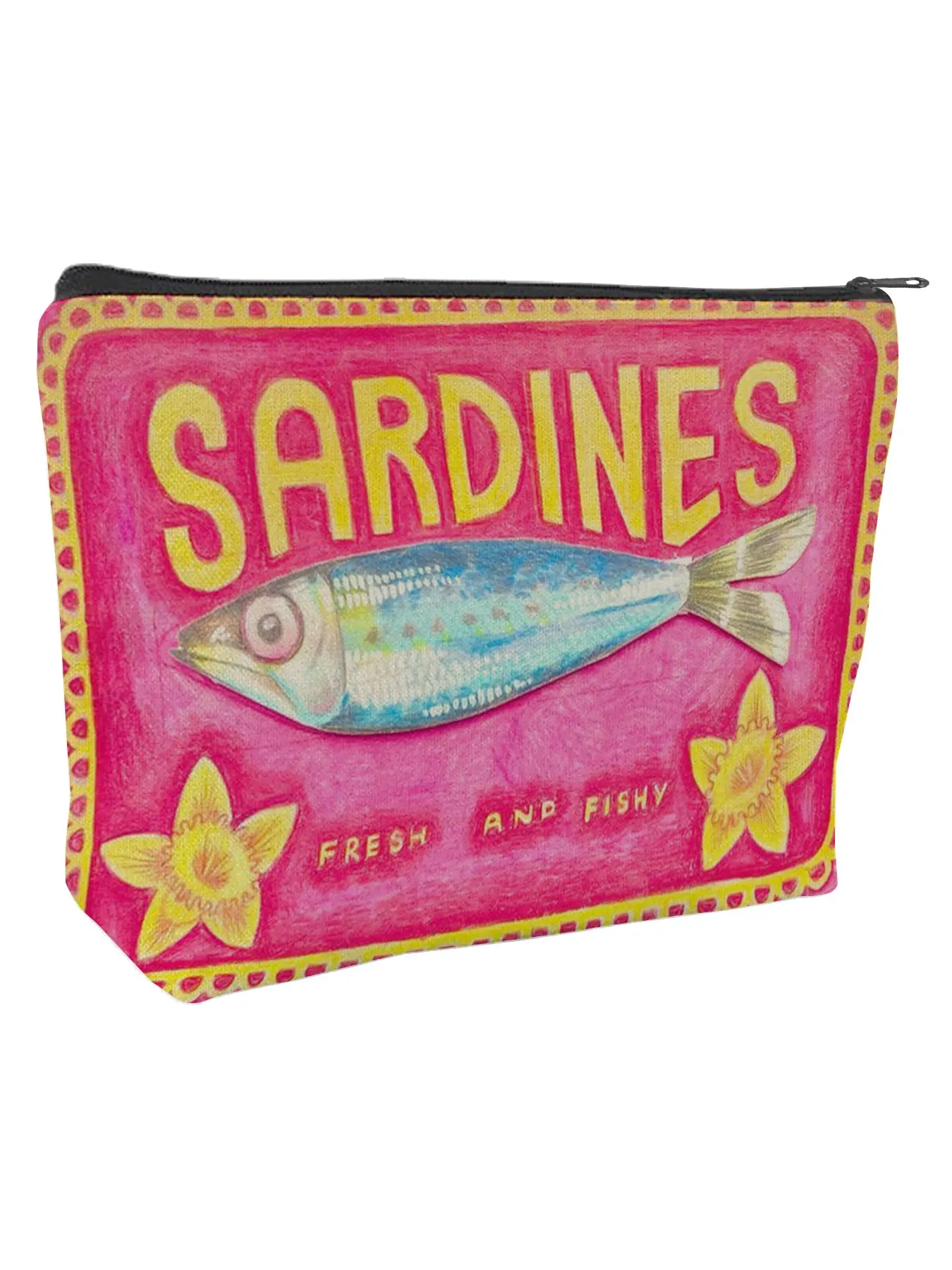 Vibrant Retro Sardines Canvas Makeup Bag, Cosmetic Bags, Durable Fade-Resistant Zipper Pouch, Playful Fish Design, Ideal for Travel, Gifts, Snacks, Coins