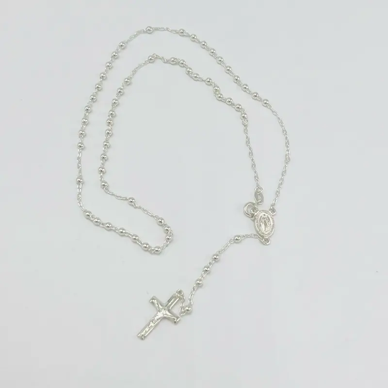 925 Sterling Silver Liso Rosario, 20in 3mm Mystery Rosary Necklace