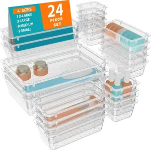 24/40PCS Clear Plastic Drawer Organizer Set: 4 Sizes Desk Drawer Dividers & Storage Bins for Makeup Jewelry Gadgets Kitchen Bedroom Bathroom Office Organization Home Bathroom Decor Makeup Organizer with Divided Compartments Adjustable Transparent Boxes