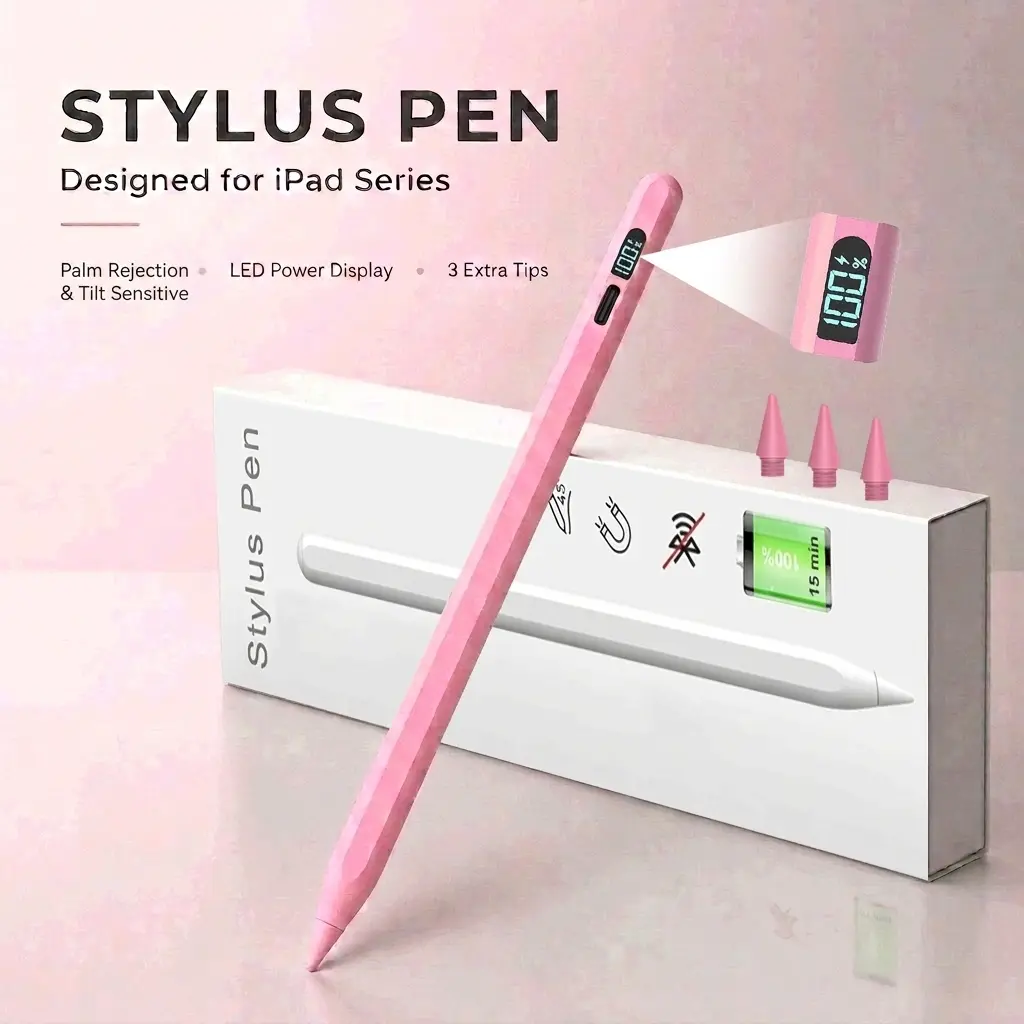 ELECOMO Pink Active Stylus Pen for iPad - 3X Fast Charge, Side LED Battery Display, Tablet Accessories for 2018-2024 iPad 9th/10th/8th/7th/6th Gen, Pro 12.9"/11"/M4, Air 5/4/3/M2, Mini 6/5 Gen