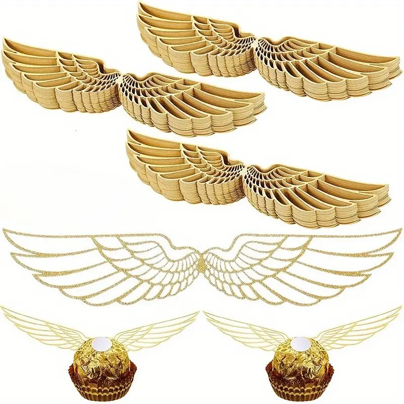 50pcs Gold Paper Wizard Party Chocolate Decoration Angel Wings Cake Topper Hollowed Wings Chocolate Decor Party Favors Cake Decorating Supplies