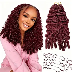 [New In] Leniku 99J Burbundy Color 22 24 Inch Burmese Curly Miracle Knots Crochet Human Hair Extension For Black Women Feathered Human Crochet Hair Bundles