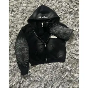 Hell in Paradise Street Retro Gothic Style Zip Up Hoodie Embroidery Patchwork Hoodies Loose Sweatshirt Men Clothing Menswear Sleeve Tops Y2K