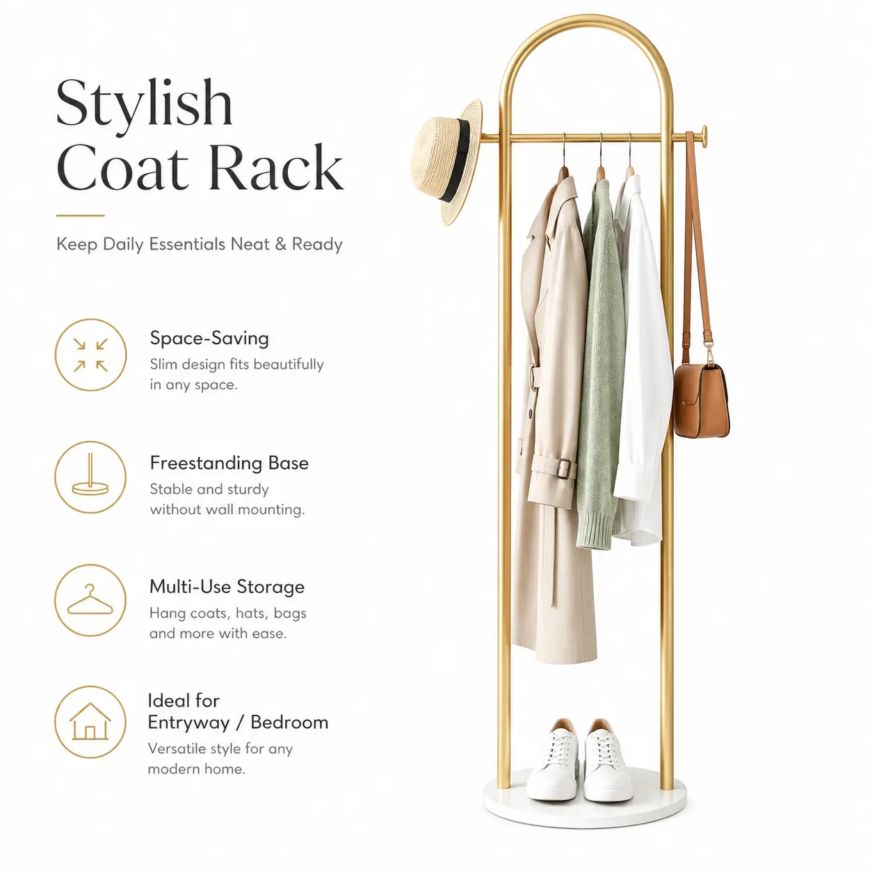 Metal Clothes Rack Floor Standing with Marble Base, Heavy Duty Industrial Coat Stand with Hooks, Stone Base Garment Organizer for Bedroom, Living Room, Entryway
