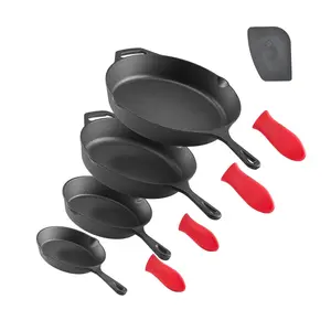 【Summerfinds】VEVOR Cast Iron Skillet,  4-Piece Frying Pan Set (6, 8, 10, 12 in), Skillets with Heat-Resistant Silicone Handle, Pre-Seasoned Chef's Pan, Kitchen Cookware, for Oven, Gas, Electrical, Induction, Black