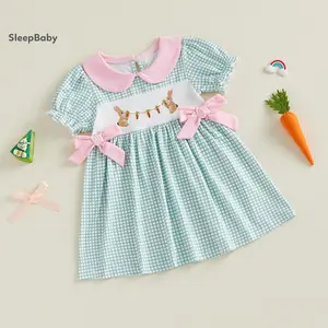 Little Toddler Girl Easter Dress Loose Fit Bows Plaid Rabbit Carrot Embroidered Doll Collar Bubble Short Sleeve Dress Smocked Peter Pan Collar Dress