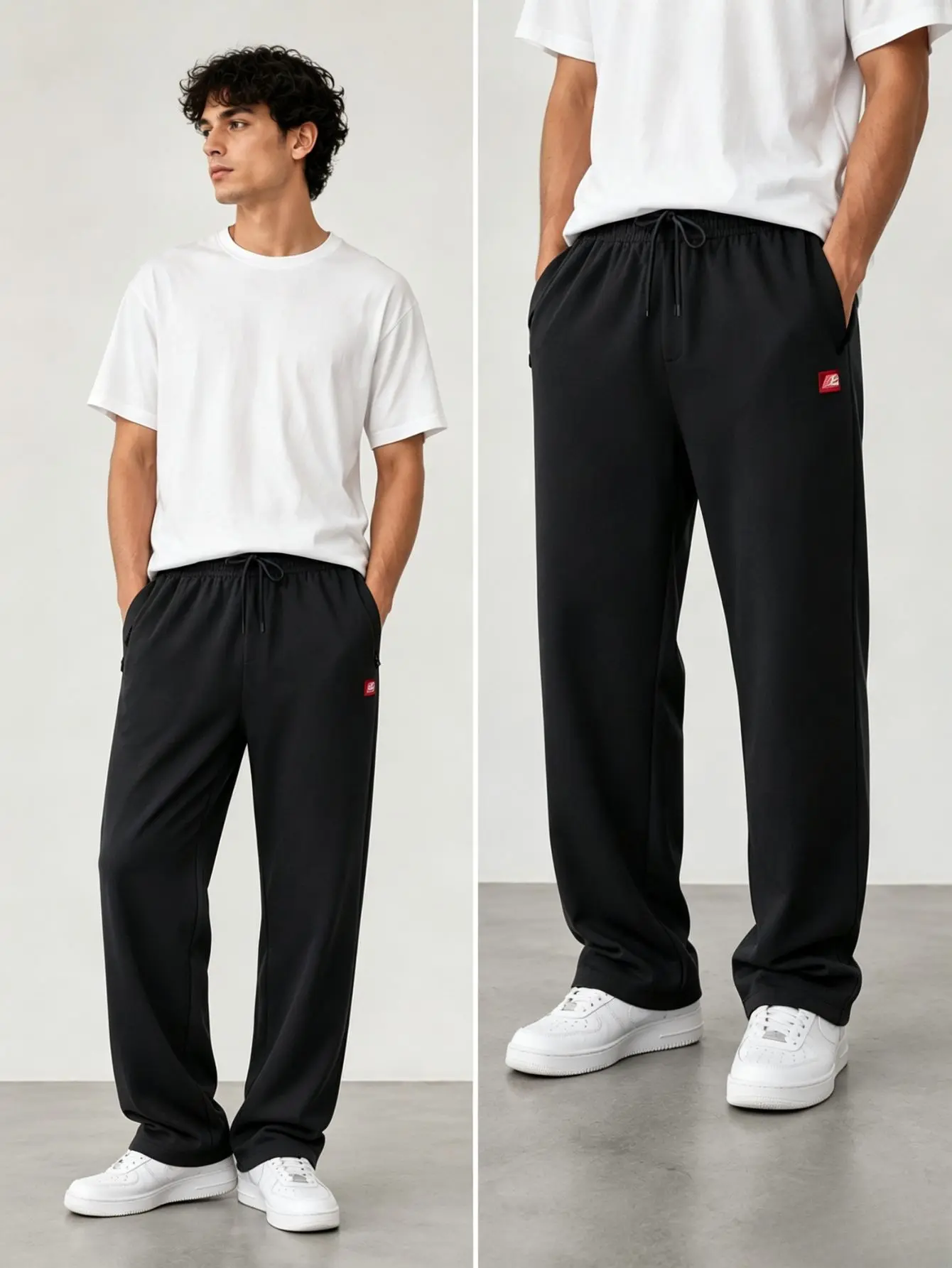 Men’s versatile straight-leg pants with elastic waistband, drawstring, zippered pockets—ideal for everyday wear, commuting, and casual occasions.