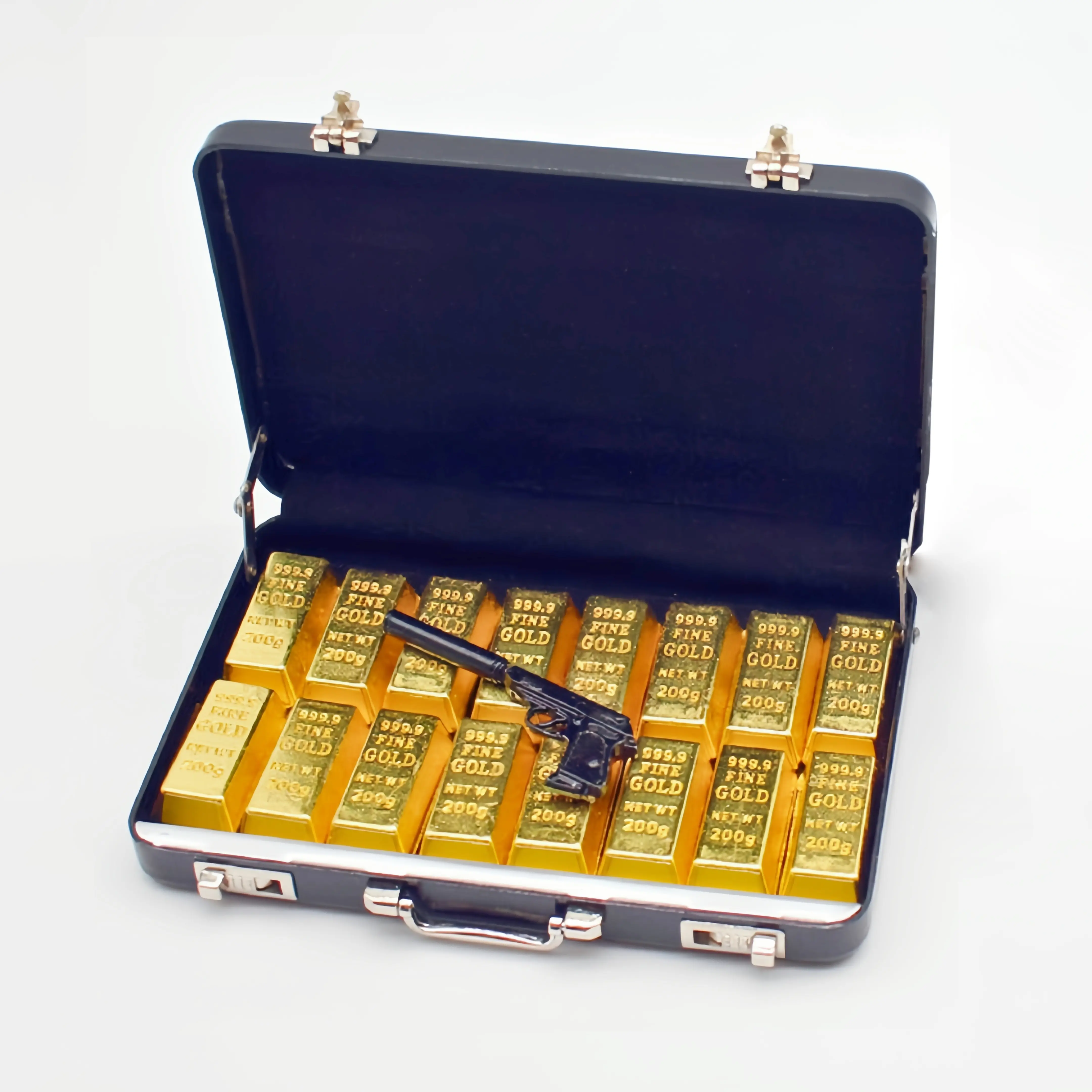 1:6 scale miniature golden briefcase - Includes money bundles