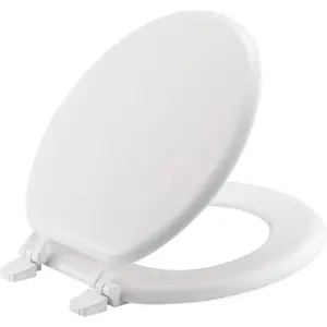 Round Closed Front Toilet Seat in White, Durable Enameled Wood High-Gloss Finish