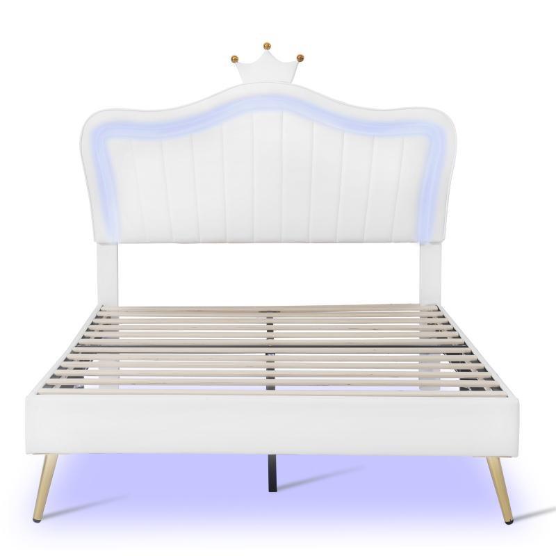 【Bellemave】Twin Size Upholstered Bed Frame with LED Lights,Modern Upholstered Princess Bed With Crown Headboard,White