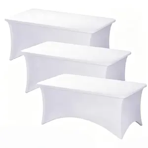 3 Pack White Table Cloths Rectangle 6ft, Stretch Spandex Fitted Table Covers for Parties, Party Decor, Trade Shows, Banquet, Weddings, Graduation Decorations