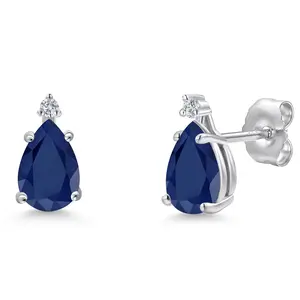 14K White Gold Blue Sapphire and Lab Grown Diamond Teardrop Stud Earrings for Women | 1.80 Cttw | Gemstone September Birthstone | Pear Shape 7X5MM