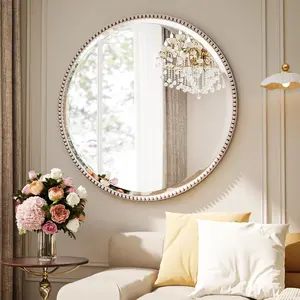 24 Inch Round Bathroom Mirror - Luxurious Retro Beaded Circle Decorative Wall Mirror with PU Frame  Leaning as Art Decor for Entryway, Bedroom, Living Room, Hallway,
