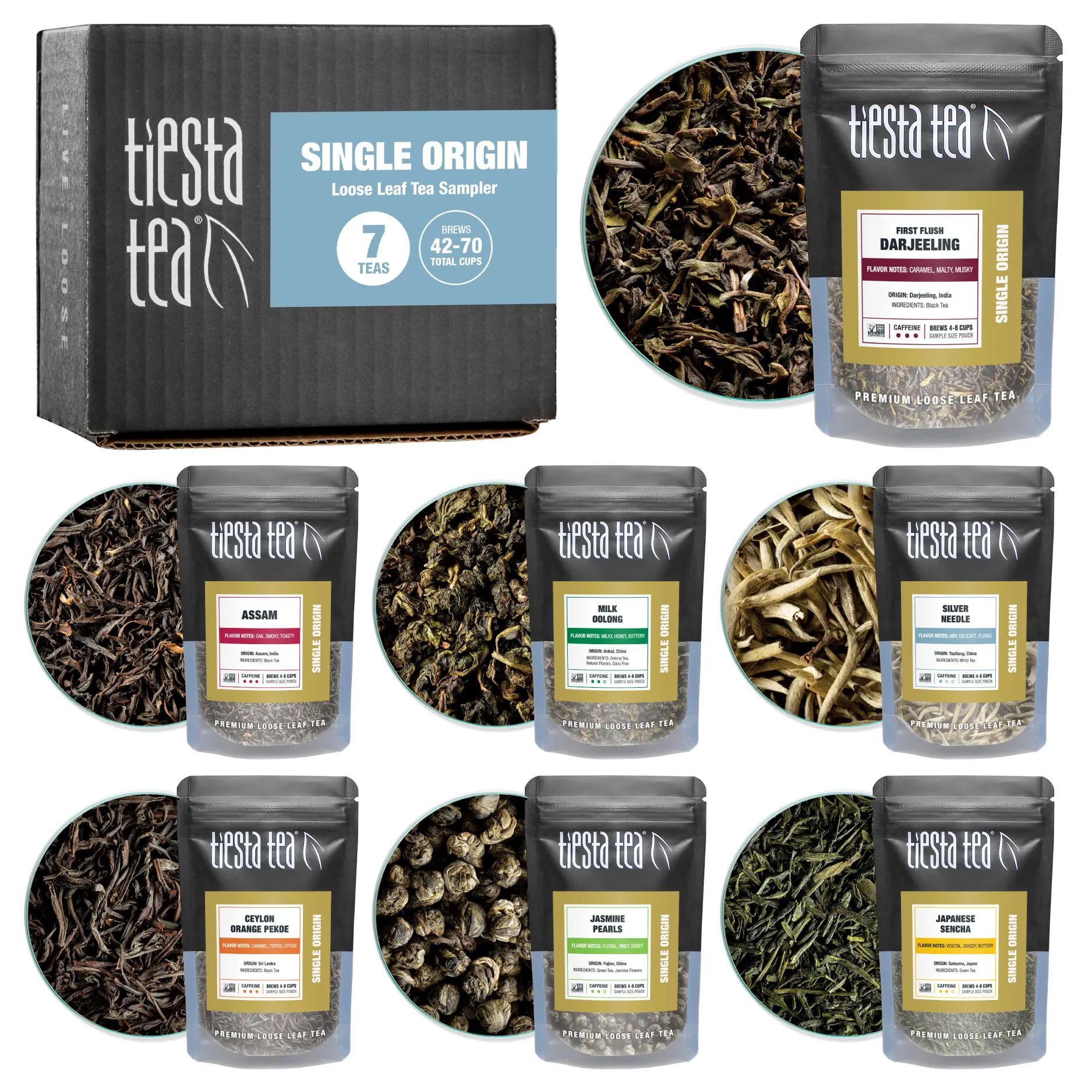 Tiesta Tea Single Origin Tea Sampler Set, Up to 56 Cups, Low to High Caffeine, Hot & Iced Tea, Loose Leaf Tea Variety Pack with Green, White, Black & Oolong Tea, 7 Sample Pouches