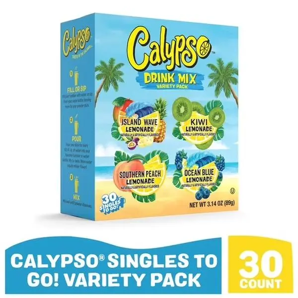 Calypso Organic Variety Drink Mix Packets - 30-Count On-the-Go Powdered Beverage, Low-Calorie Water Enhancer with Herbal Detox Health Tea Flavors: Island Wave, Kiwi, Southern Peach, Ocean Blue