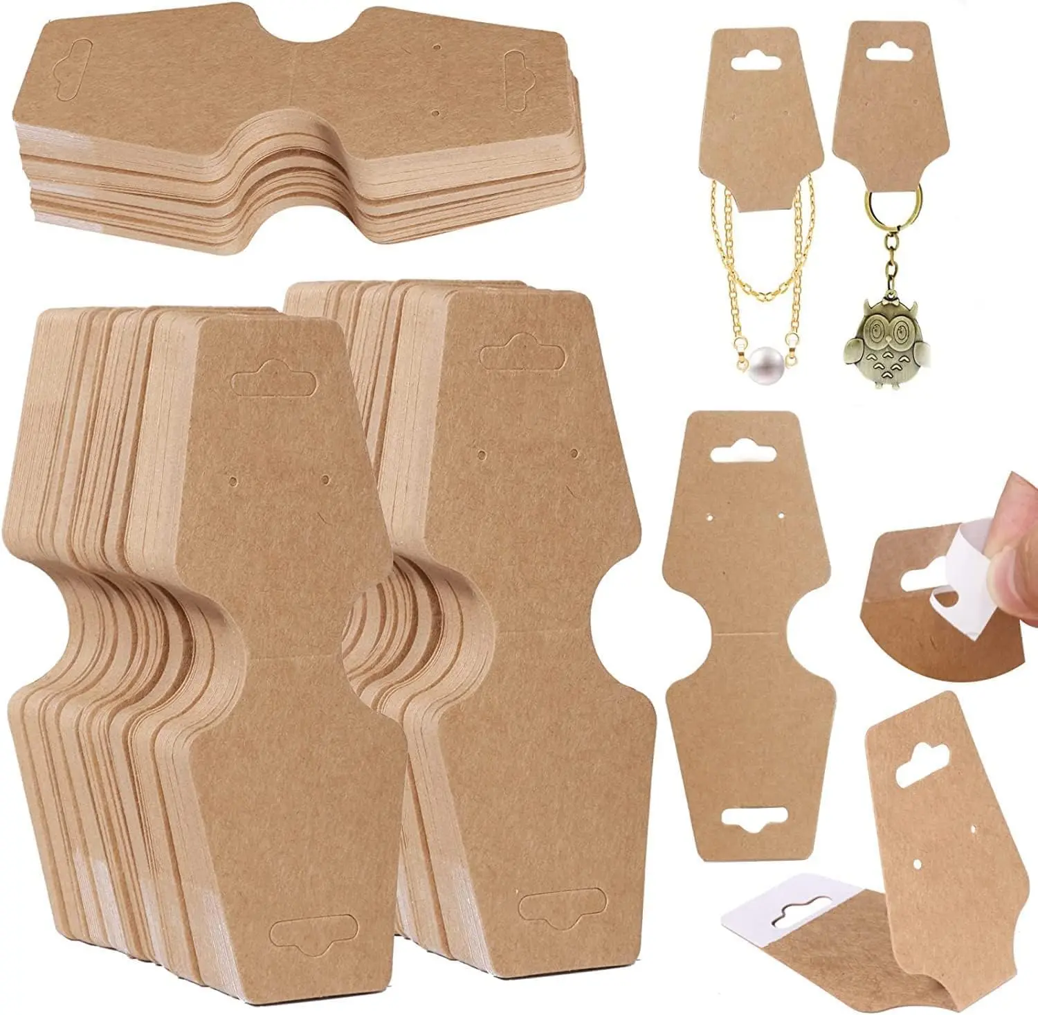Jewelry Display Cards 200 Pcs Self Adhesive Kraft Paper Cards, Necklace Bracelet Keychain Holder for Selling Packaging Craft Display