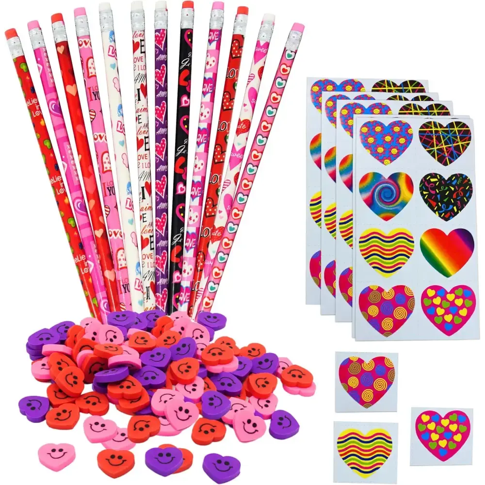 4E's Novelty 36-Pack Valentine’s Day Stationery – Pencils, Erasers & Stickers for Class Parties