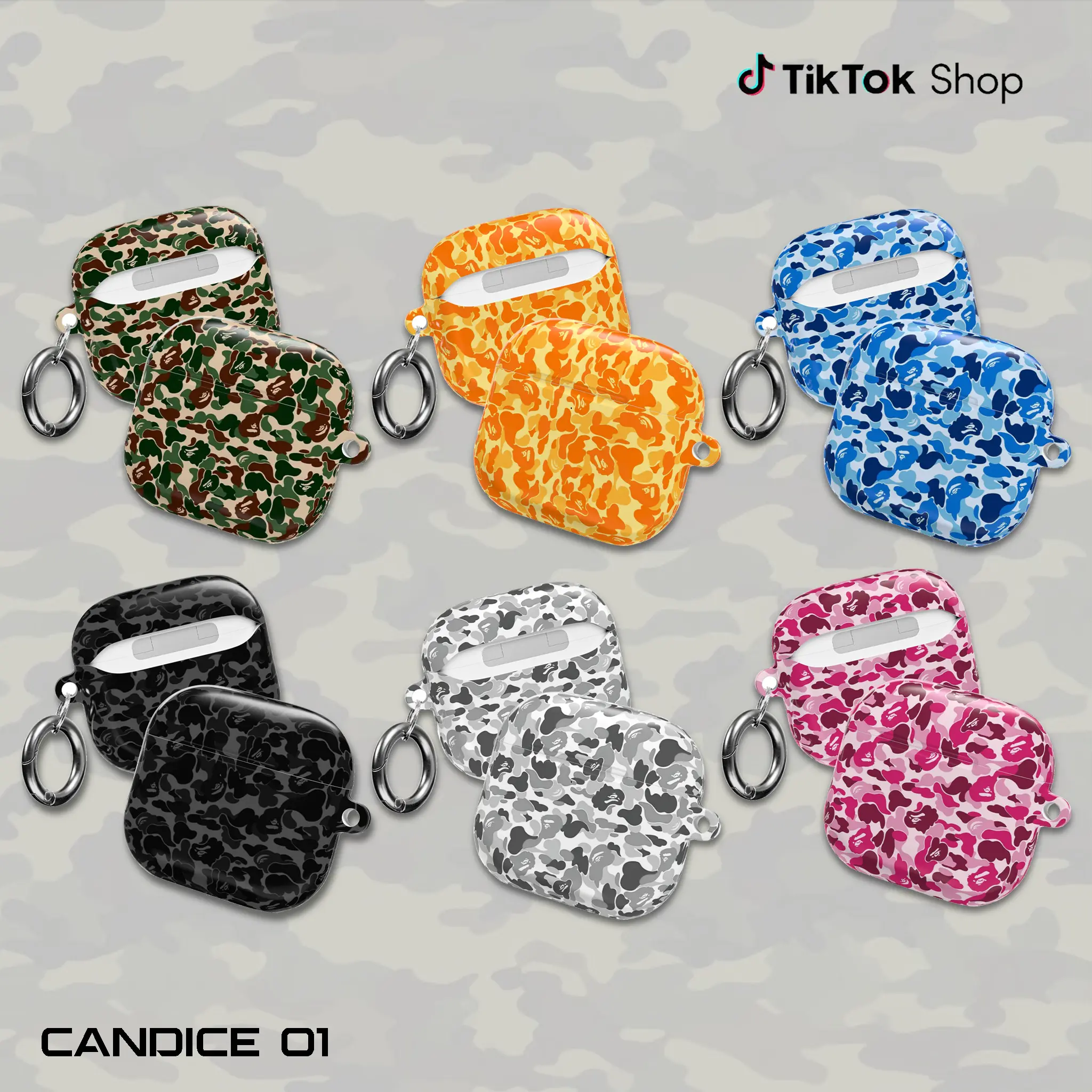 AirPods Pro 1-2 Case, TPU & Polycarbonate Wireless Charging Cover with Durable Metal Wires, Scratch Resistance, Free Metal Carabiner, Streetwear Camouflage Design, Lightweight, Gift for Him/Her