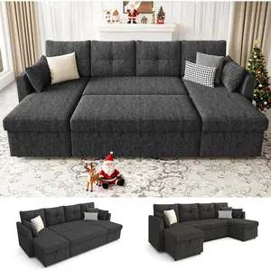 Oversized 2-in-1 Pullout Sleeper Sofa Couch, 110-in Indoor Sofa with Side Pockets & Double Storage Chaise, Couches for Living Rooms, Living Room & Apartment Furniture, Black, Living Room Furniture