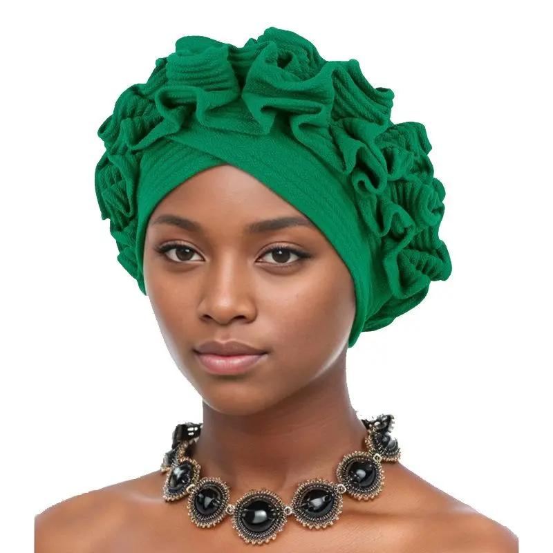 Women's Ruffle Flower Turban Cap - 1pcs/lot, 140g, 56-58cm, Casual Adult Women's Headwear for African Headwraps, Indian Hats, Muslim Bonnet Use, Cold Wash, Head Circumference 56-58Cm, Lightweight, Polyester