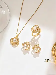 Four-Piece Imitation Pearl Pendant Earrings Ring Set, Women's Versatile Jewelry Kit, Perfect for Gifts, Parties, Weddings, Daily Wear
