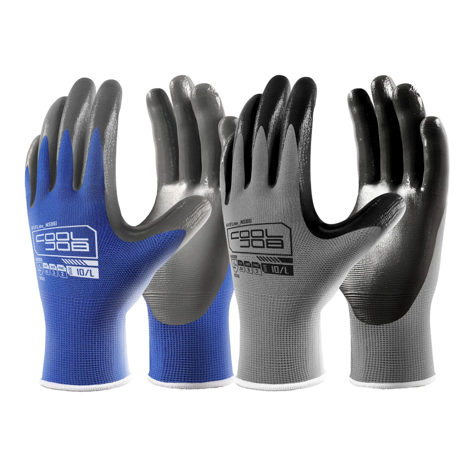 COOLJOB Full Finger Nitrile-Dipped Polyester Safety Work Gloves - 10/20/60 Pairs, Non-Slip, Hand Washable, Bulk Blue & Grey for Mechanics, Carpentry, Logistics Work
