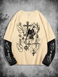"born to Die" Gothic Angel Long Sleeve Top, Cross Chain Print, Loose Fit Grunge Streetwear Classic T-Shirt, Casual Geometric Pattern