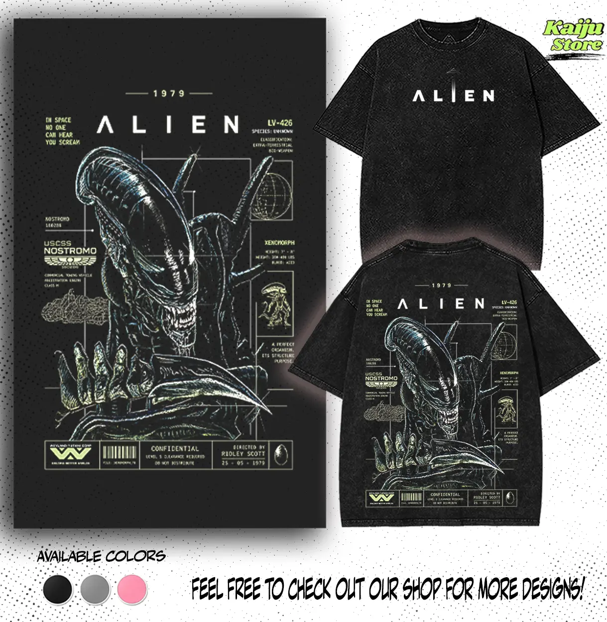 Alien 1979 Xenomorph Blueprint Vintage Washed Graphic T-Shirt Cotton Sci-Fi Horror Movie Graphic Tee Faded Dark Blue Monochrome Streetwear Merch Y2K Gift For Film Fans Trending Clothes