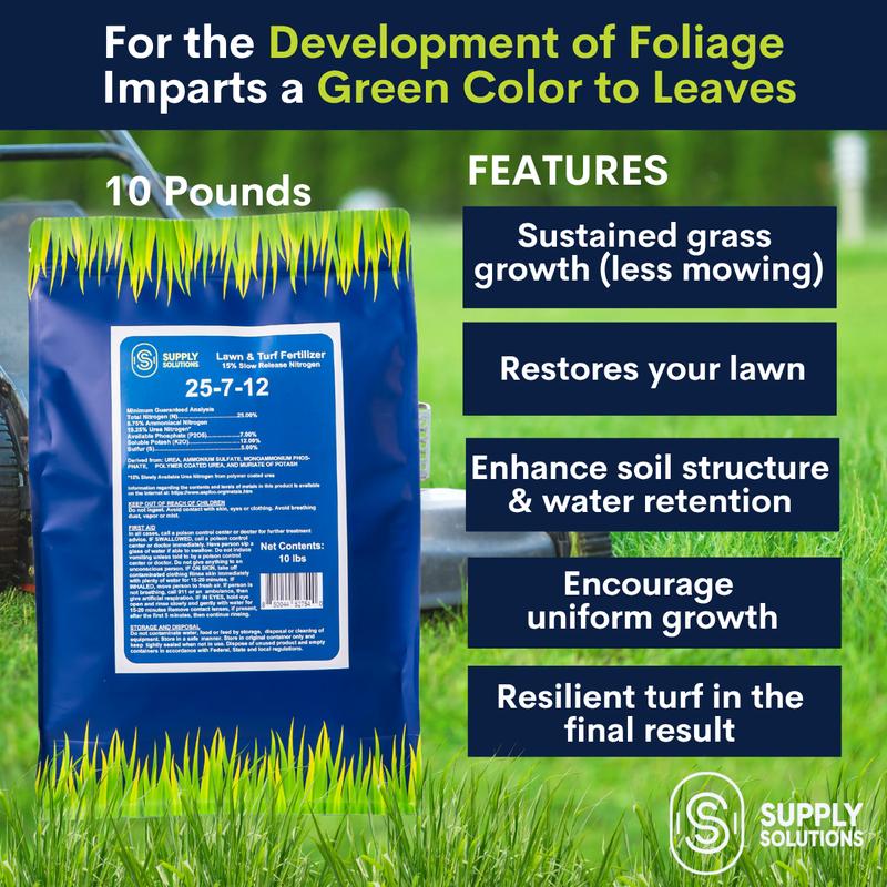 Supply Solutions 25-7-12 Lawn & Turf Fertilizer 15% Slow Release Nitrogen for All Grass Types 10lbs Covers 1250 sq ft Easy Application