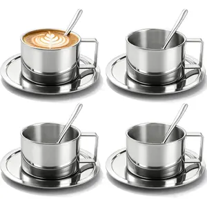 4 Pack 6.8 oz Coffee Cups Set, 18/8 Stainless Steel Espresso Cup with  and Spoon, Cute Coffee Mugs with Handle, Drinkware Cup for Latte, Cappuccino, Milk,