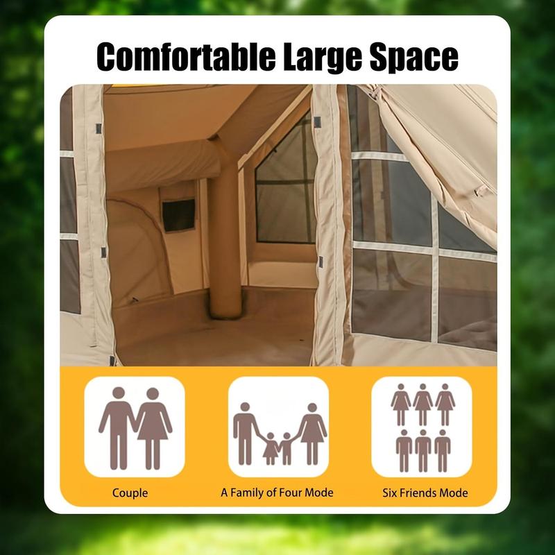 Portable Waterproof Pop-Up Tent 4 Season Oxford Log Cabin Inflatable Camping Tent with Hand Pump Waterproof Windproof for Outdoor Adventure