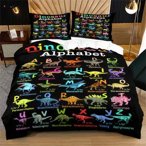 2-3 Piece Set Dinosaur Alphabet Print Bedding Set, Includes 1 Duvet Cover & 1/2 Pillowcases, Perfect for Teen Girls' Bedroom Decor, Kids Room Refresh, Bedding Supplies