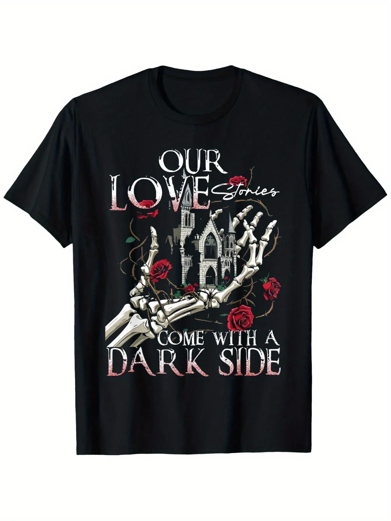 Gothic Men's Short-Sleeve Cotton T-Shirt - 220g Heavyweight Soft, Rose-Victorian Vampire Castle & Skeleton Rose Graphic, Dark Horror Halloween Casual Streetwear, Round Neck, Machine Washable, S-5XL