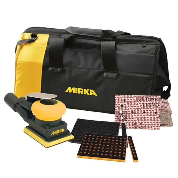 Mirka 3"x4" Pneumatic Orbital Sander + Groove Interface Pad + Ultimax Ligno Grip P180 + Tool Bag Bundle MUS-SUM25-PN2
