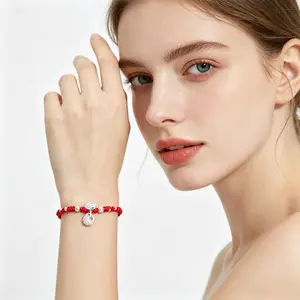 Traditional Chinese Style Red String Bracelet, Sterling Silver Safety Knot Charm for Protection
