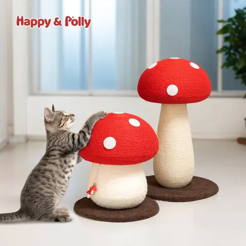 Happy & Polly Mushroom-Shaped Red Sisal Cat Scratcher Tower - Freestanding, No-Chipping, Durable, Playful Posts, Interactive, No-Installation, House-Safe Pet Furniture for Indoor Kittens (Art Deco, Classic Styles, Healthy Play Experience)