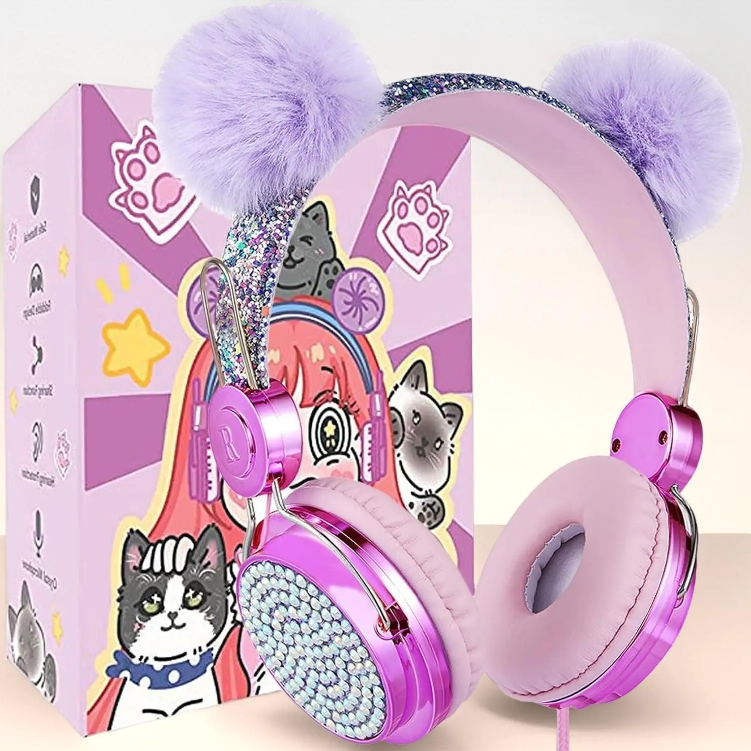 P-P Kids Unicorn Wired Headphones - 85dB Child-Safe Listening, 3.5mm Audio Cable, Adjustable Design, Shareport for Easy Sharing, Mic, Portable Durable, for Travel, Home Use, Hot Purple