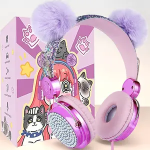 P-P Kids Pom Headphones with 85dB Volume Limit & Shareport, Unicorn Wired Headsets with Mic for Travel/Car/Plane - Hot Purple