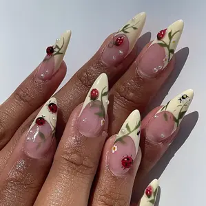 Cute Ladybug Fake Nails, Hand-Painted Nature Inspired Press On Nails, Summer Garden 3D Nail Art Set with Floral Details, Party, Birthday Gifts, Nailart, Gifts For Her