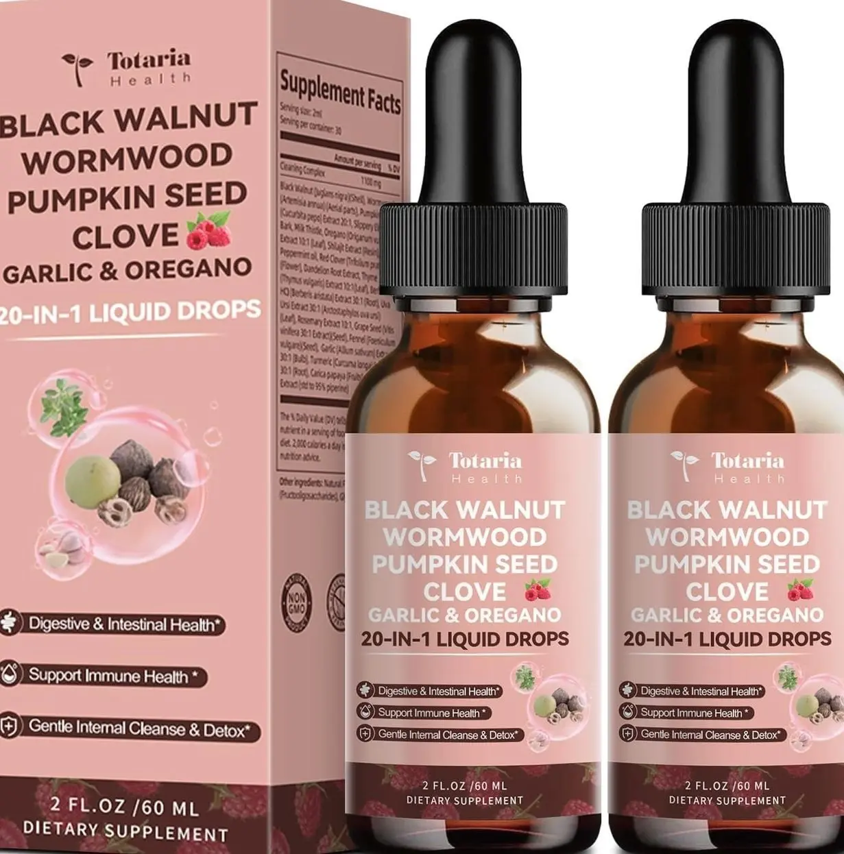 Totaria 2 Pack 20 in 1 Black Walnut Wormwood Tincture - Clove,Pumpkin Seed,Garlic,Oregano,Berberine - Gentle Gut Cleanse & Digestive Health - Alcohol-Free,Gut-Friendly -Raspberry Flavor - 4FL