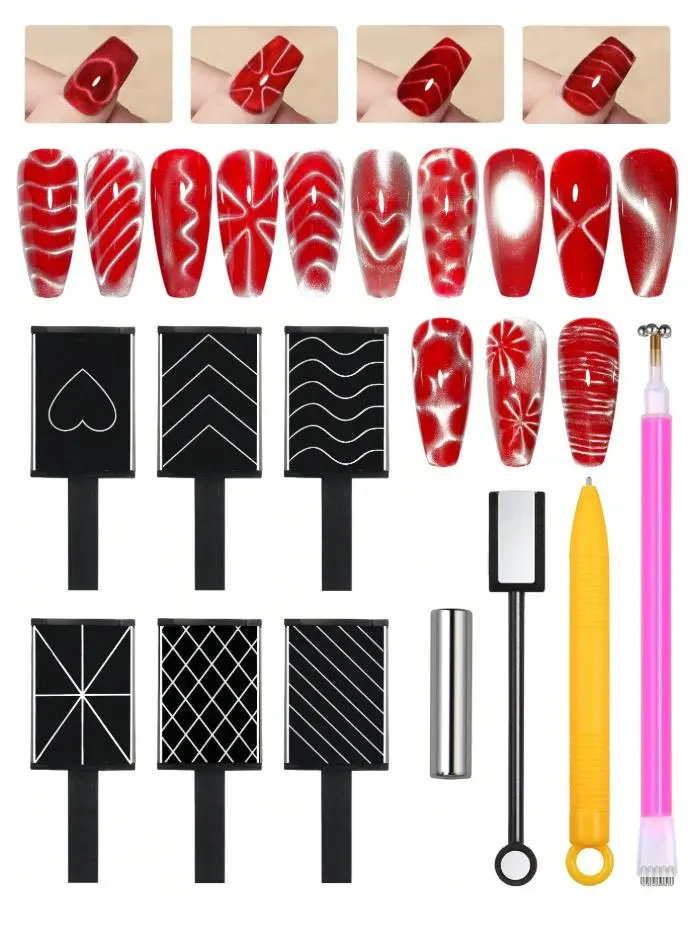 6-Piece Nail Art Magnet Set With Iron Wire For Cat Eye Effect, Heart And Gold Ingot Designs, Unscented, cat eye heart magnets Multicolor